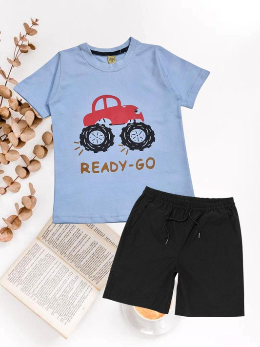 2 Pcs Boy's Cotton Jersey Printed T-Shirt And Shorts Set